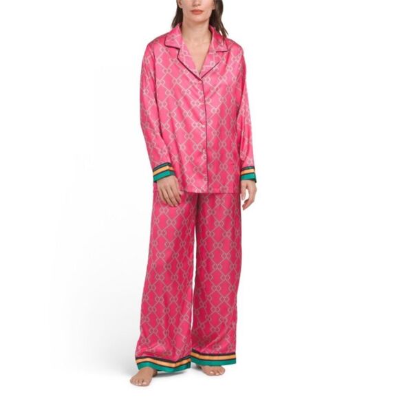 DALIA MACPHEE 2pc Satin Geo Print Pajama Top And Pants Set  in Pink and Green L - Picture 3 of 16